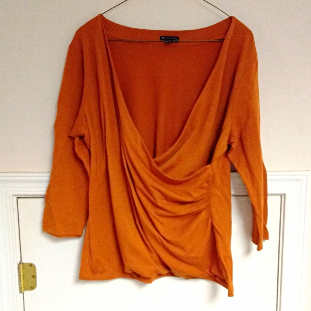 New Directions Women's Orange Solid Knit V-Neck 3/4 Sleeve Pullover Top L